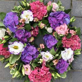 Wreath in pink, purple and white